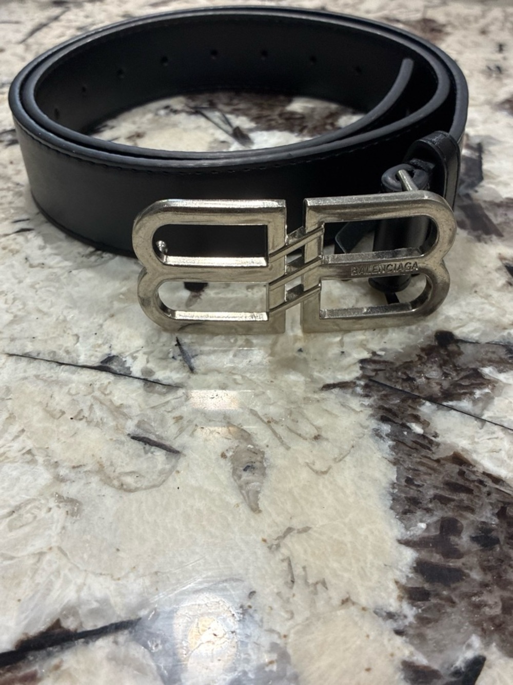 Balenciaga Black Leather Men’s Belt with Silver Double B Buckle
